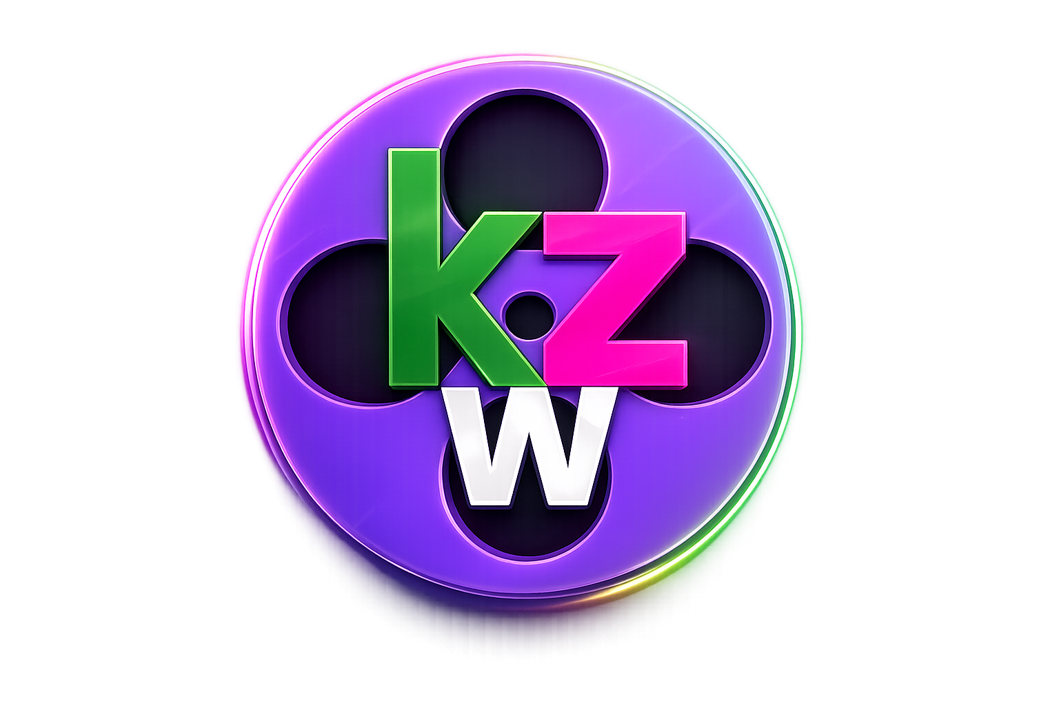 Circular glossy emblem with purple rim and four rounded inner cutouts; large green K, pink Z and white W letters layered across the center on a dark background.