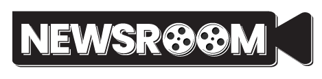 Black-and-white logo: the word NEWSROOM in bold uppercase letters, the two O characters depicted as film reels, and a film camera silhouette attached to the right side of the text.