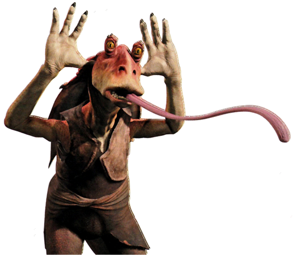 A stylized depiction of Jar Jar Binks with hands raised beside his head and his long tongue extended outward.