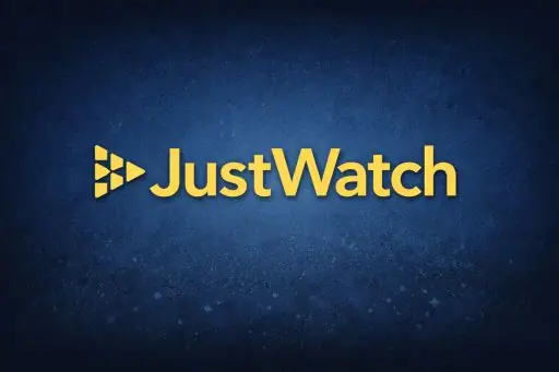 Yellow JustWatch wordmark with a triangular play icon on a textured blue background.